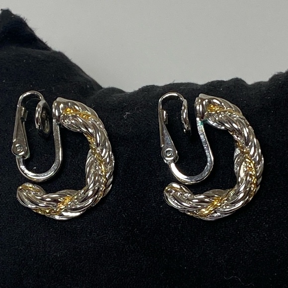 Trifari Silver and Gold Toned Twist Clip on Earrings - Picture 8 of 8